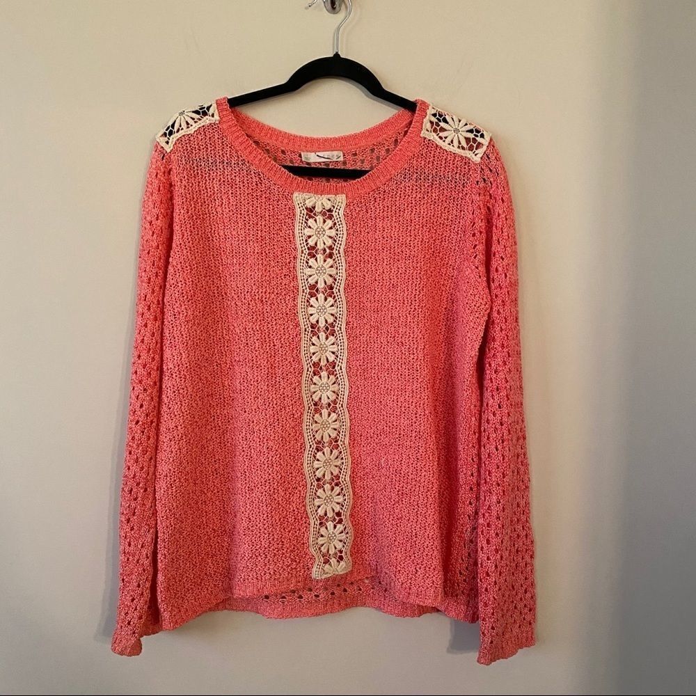 Hinge-Pink/Cream Mixed Knit Pullover Sweater